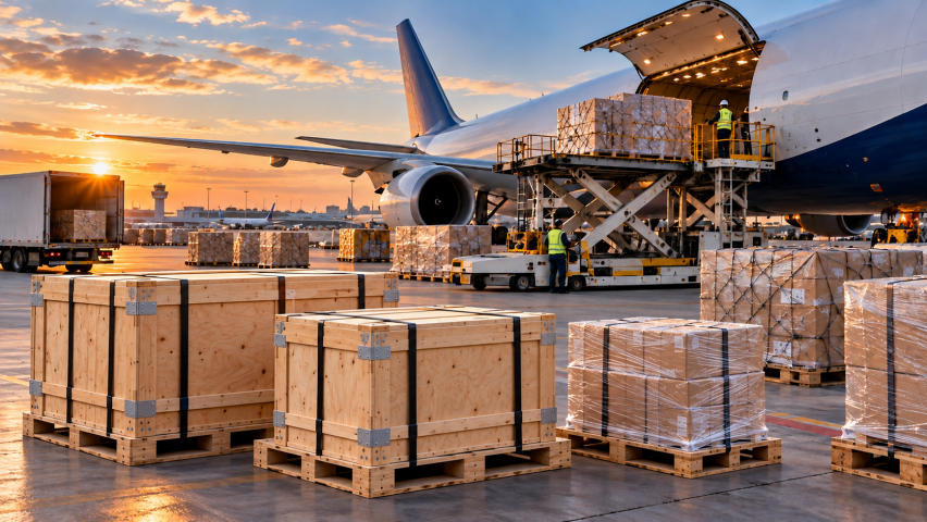 International air freight loading at an airport