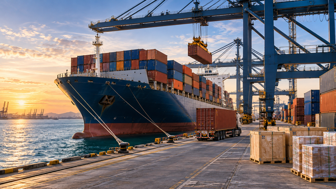 Container ship being loaded at an international port