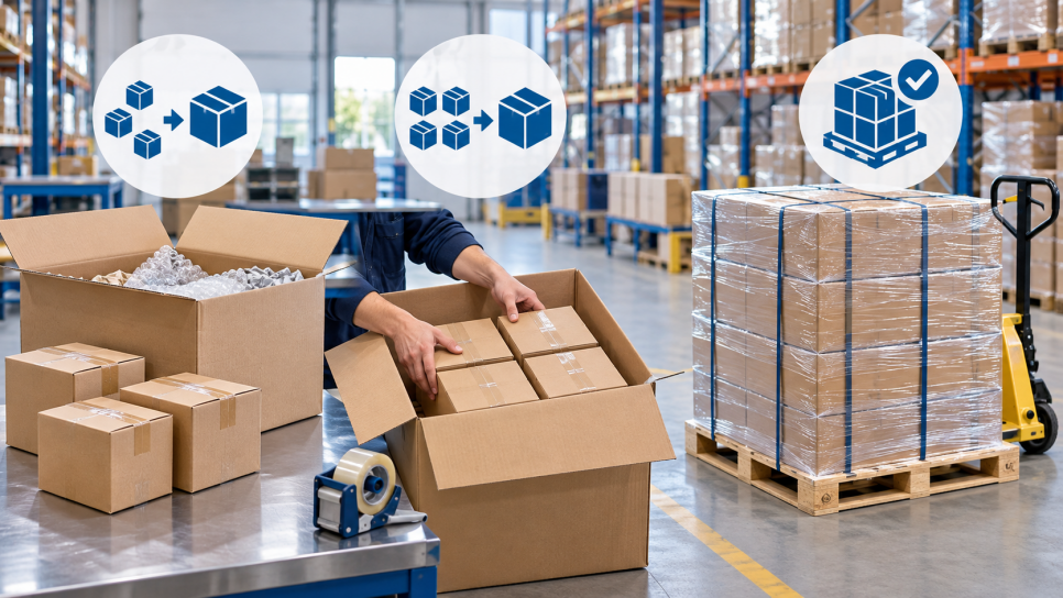 Packing consolidation and palletizing