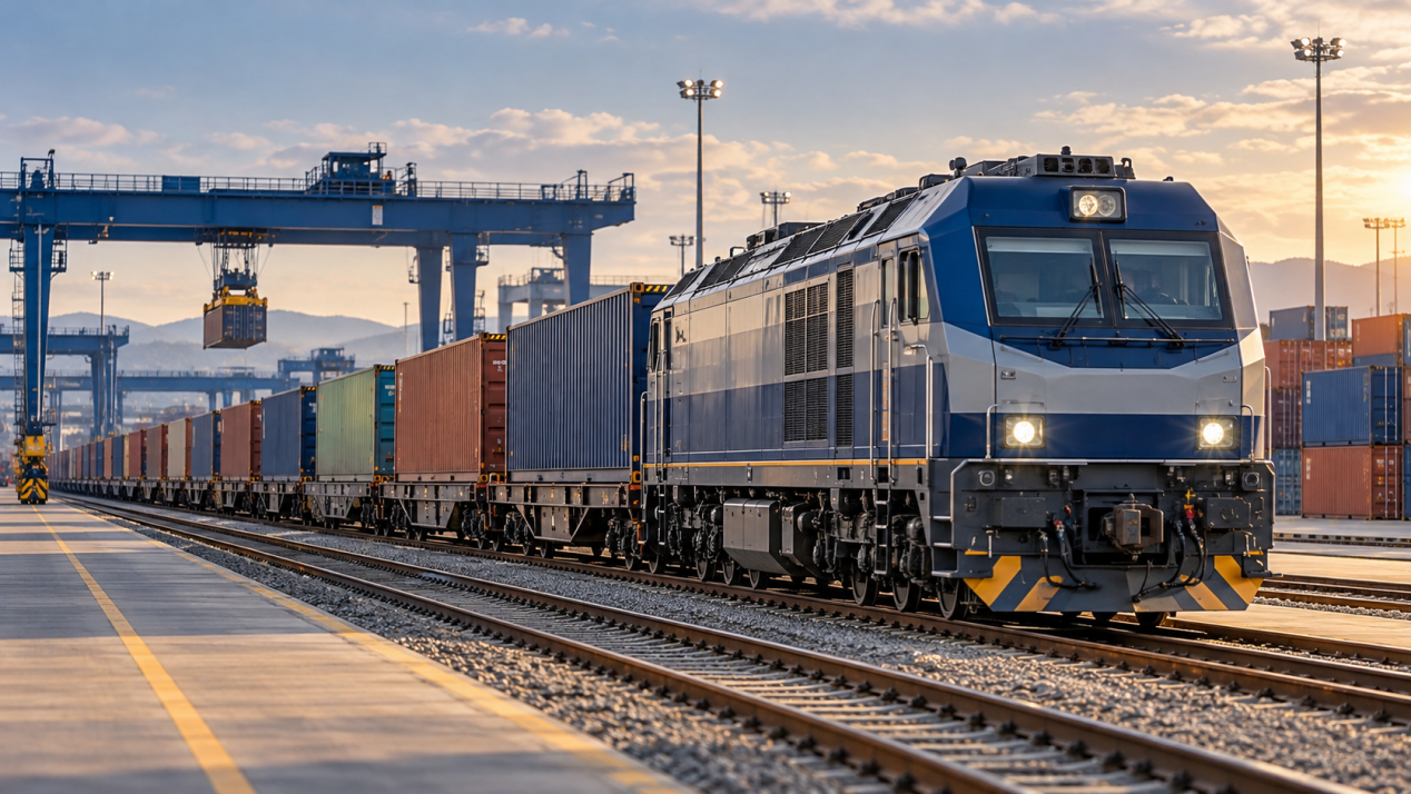 International rail freight train carrying containers
