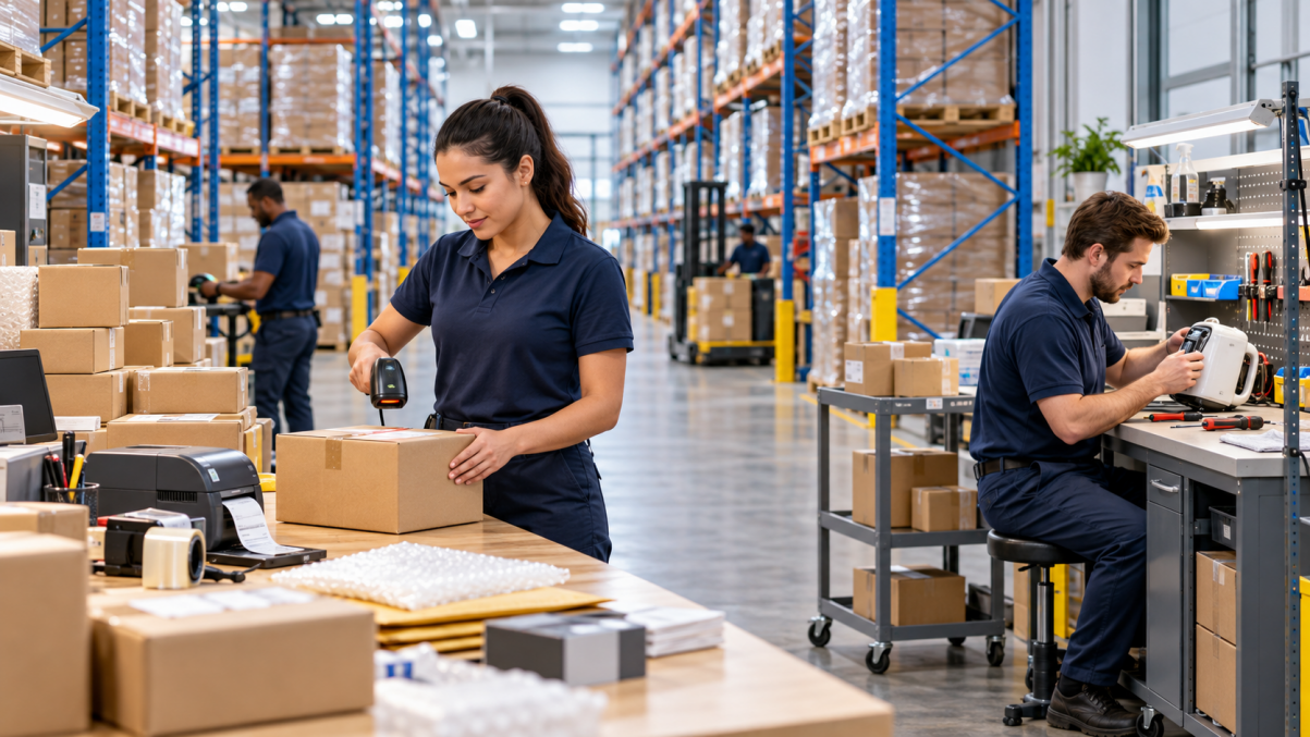 Warehouse staff packing orders and carrying out repairs